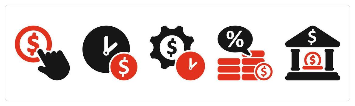 five business icons as paid to click, business time, investment time plan vector
