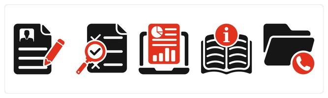 five business icons as curriculum value, search report, online report vector