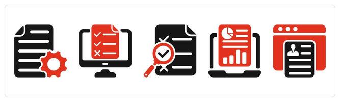 five business icons as document settings, online test, search report vector