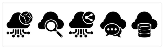 Set of 5 seo icons as cloud connection, cloud search, cloud network sharing vector