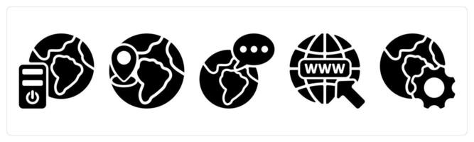 Set of 5 seo icons as global server, global location, global communication vector