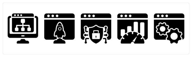 Set of 5 seo icons as web hierarchy, browser launch, web security vector