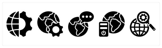 Set of 5 seo icons as global engineering, browser optimization, global communication vector