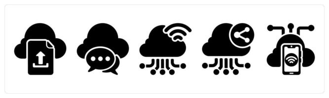 Set of 5 seo icons as file upload, cloud communication, cloud connection vector