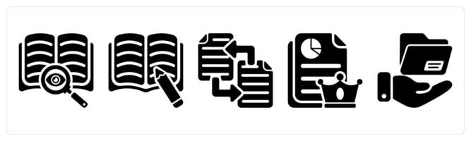 Set of 5 seo icons as find content, article writing, file transfer vector