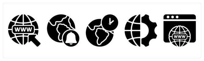 Set of 5 seo icons as find web address, global notification, global time zone vector