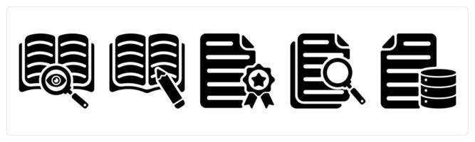 Set of 5 seo icons as find content, article writing, seo certificate vector