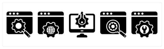 Set of 5 seo icons as search engine optiimization, browser settings, keyword generator vector