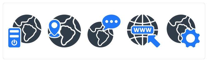 A set of 5 seo icons as global server, global location, global communication vector