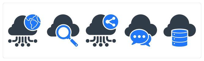 A set of 5 seo icons as cloud connection, cloud search, cloud network sharing vector