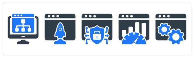 A set of 5 seo icons as web hierarchy, browser launch, web security vector
