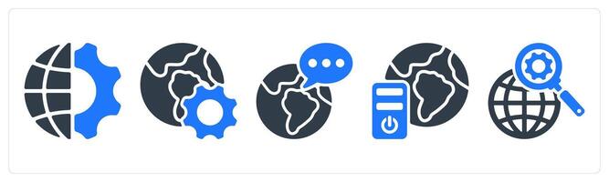 A set of 5 seo icons as global engineering, browser optimization, global communication vector