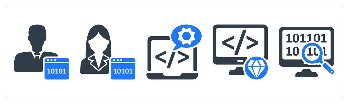 un conjunto de 5 5 seo íconos como programador, software desarrollo, limpiar código vector
