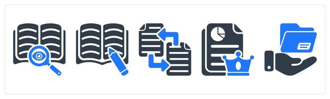 A set of 5 seo icons as find content, article writing, file transfer vector