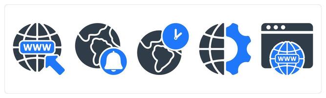 A set of 5 seo icons as find web address, global notification, global time zone vector