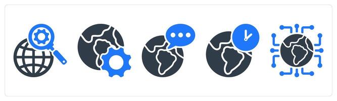 A set of 5 seo icons as search engine, browser optimization, global communication vector