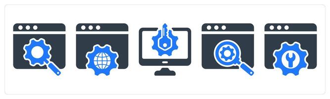 A set of 5 seo icons as search engine optiimization, browser settings, keyword generator vector