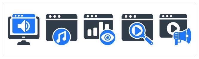 A set of 5 seo icons as website audio, online music, page view vector
