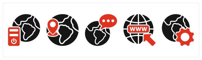 five seo icons as global server, global location, global communication vector