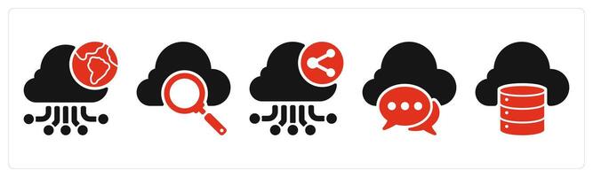 five seo icons as cloud connection, cloud search, cloud network sharing vector