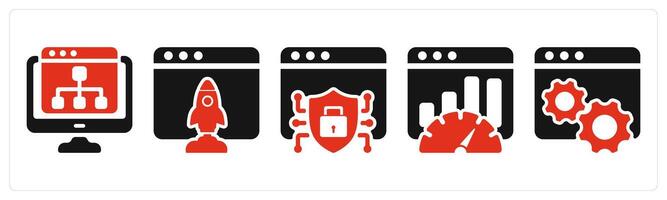 five seo icons as web hierarchy, browser launch, web security vector