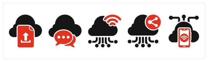 five seo icons as file upload, cloud communication, cloud connection vector