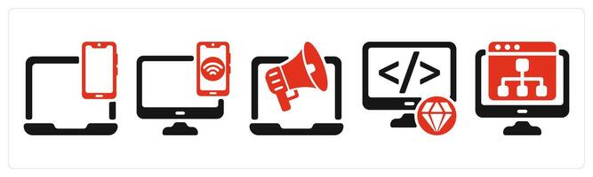 five seo icons as responsive design, device connectivity, online promotion vector