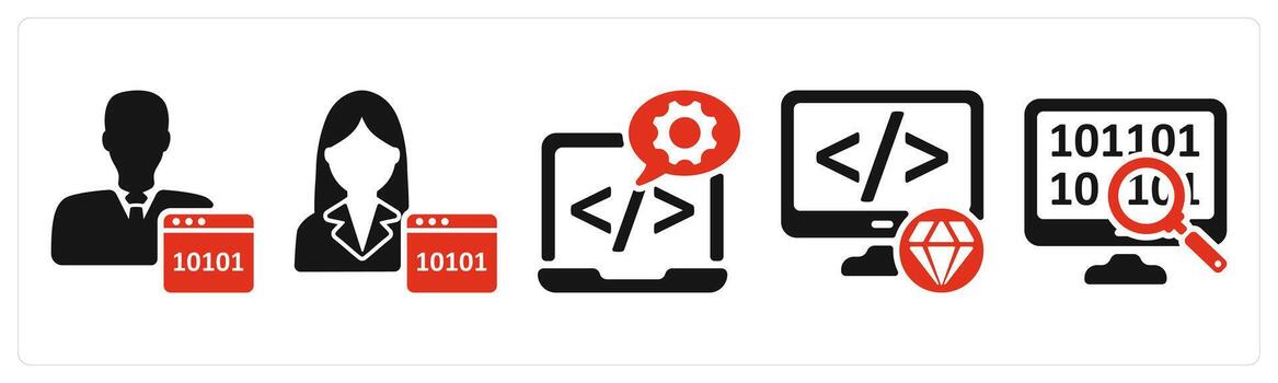 cinco seo íconos como programador, software desarrollo, limpiar código vector