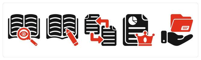 five seo icons as find content, article writing, file transfer vector