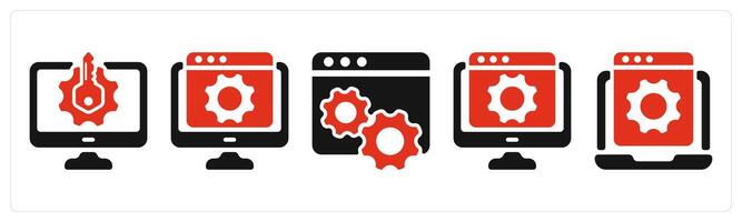five seo icons as keyword generator, webpage configuration, web settings vector