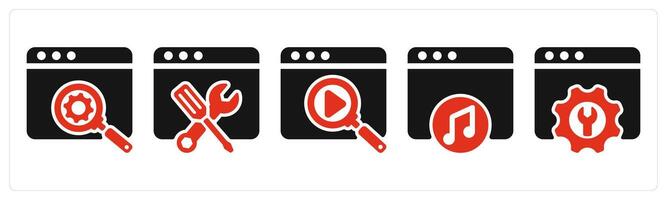 five seo icons as seo development, website optmization, search vector