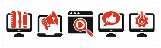 five seo icons as creative design, online promotion, search vector