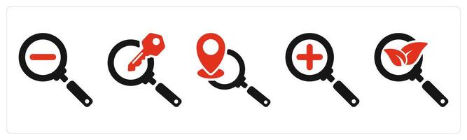 five seo icons as zoom out, search keyword, local seo vector