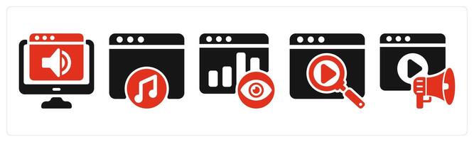 five seo icons as website audio, online music, page view vector