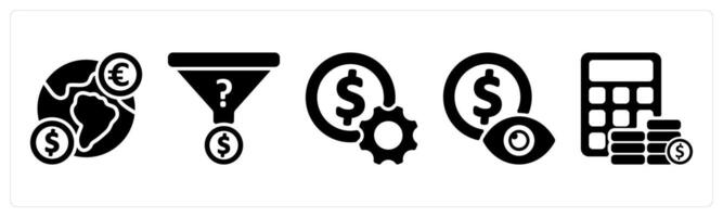 Set of 5 business icons as global currency, money making tactics, money setting vector
