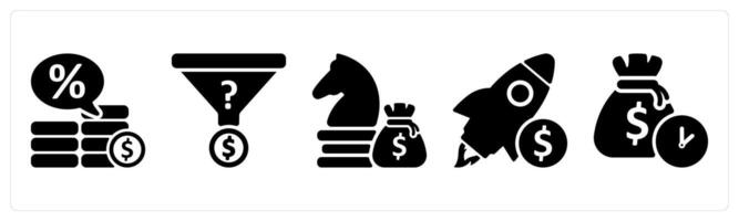 Set of 5 business icons as loan interest rate, money making tactics, tactical investment vector