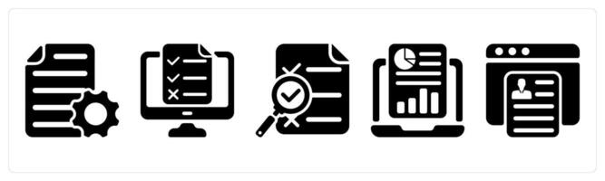 Set of 5 business icons as document settings, online test, search report vector