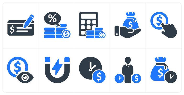 Set of 10 business icons as payment check, loan interest rate, budget, capital