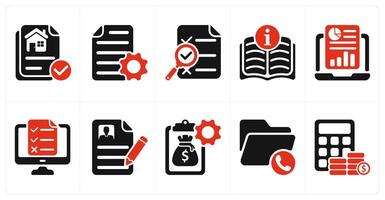A set of 10 business icons as property document, document settings, search report vector