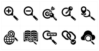Ten seo icons as zoom in, zoom out, target keywords vector