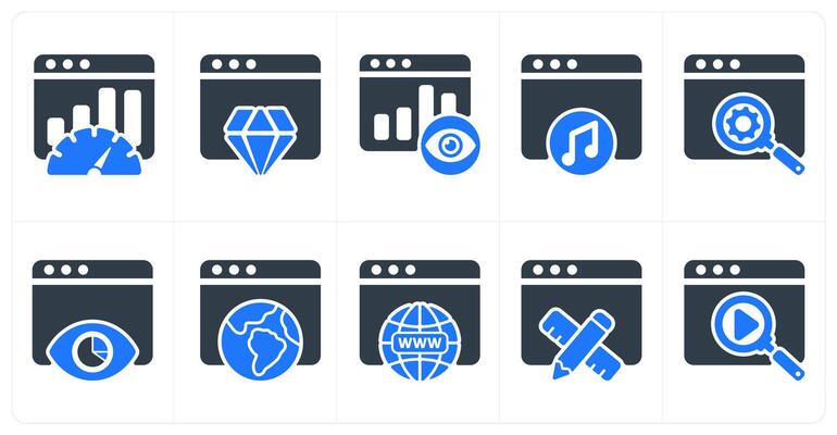 Set of 10 seo icons as seo performance, website reputation, page view