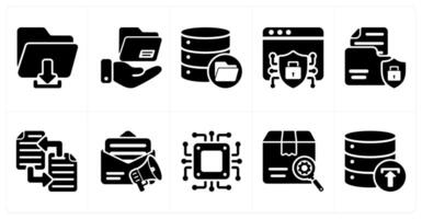 Ten seo icons as download file, file sharing, data storage vector