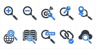 Set of 10 seo icons as zoom in, zoom out, target keywords vector