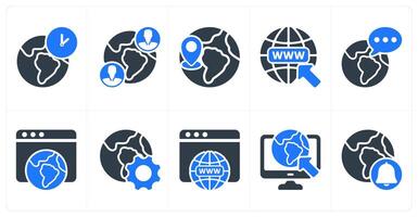 Set of 10 seo icons as global time zone, global communication, global location vector