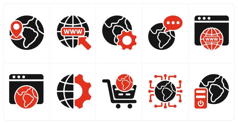 A set of 10 seo icons as global location, find web address, browser optimization