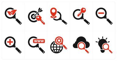 A set of 10 seo icons as organic search, target keywords, local seo vector