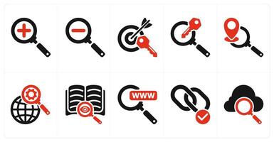 A set of 10 seo icons as zoom in, zoom out, target keywords vector