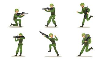 Set of images of soldiers in green uniforms. illustration. vector