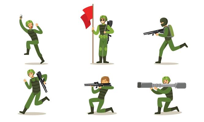 Set of military men in green uniform. illustration.