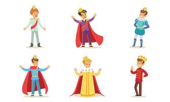 Boys in different costumes of kings and princes. illustration. vector